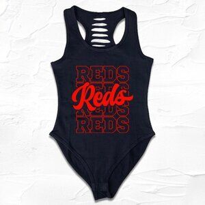 Womens White/Reds Baseball pattern bodysuit, GO Cincinnati